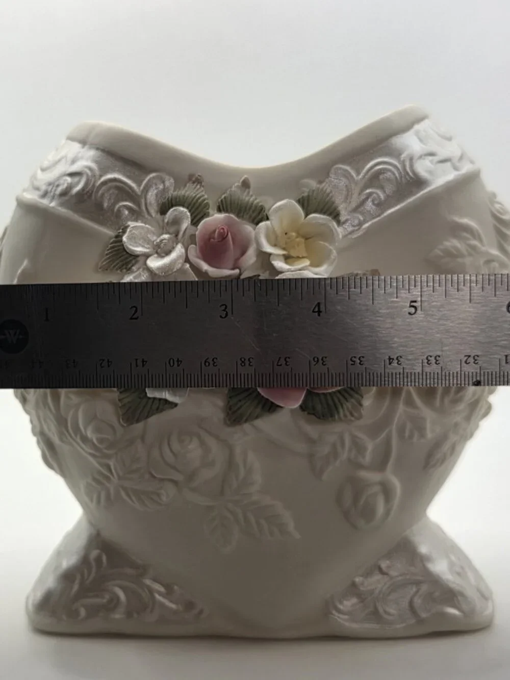 Capodimonte Style Heart Shaped Bisque Vase with Applied Flowers